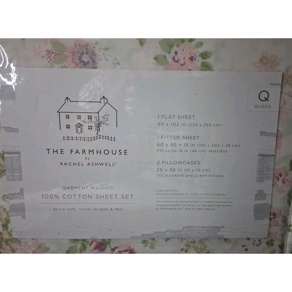 NIP Rachel Ashwell Farmhouse Queen Floral Sheet Set Cream Pink Green Blue Purple